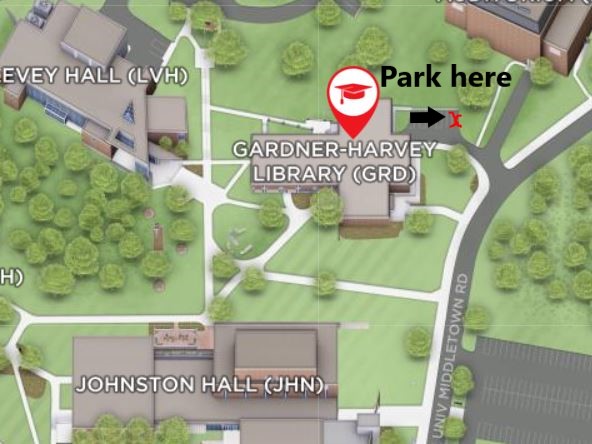 Map showing the parking lot near the loading dock on the right side of the Gardner-Harvey Library